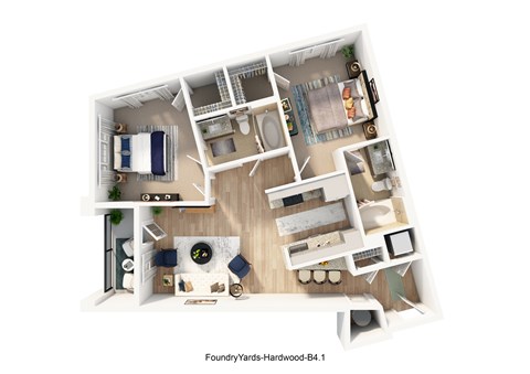 Floor plan for 2 beds, 2 baths, 982 sqft